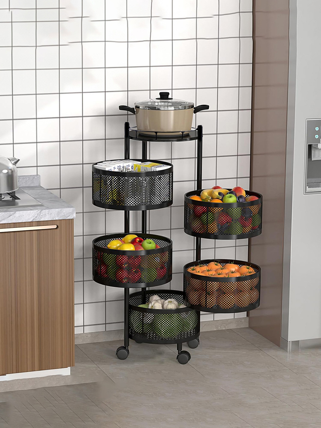 RUBOXA Black 5+1 Layer Anti-Rust Round Shape Multi-Purpose Kitchen Organizer