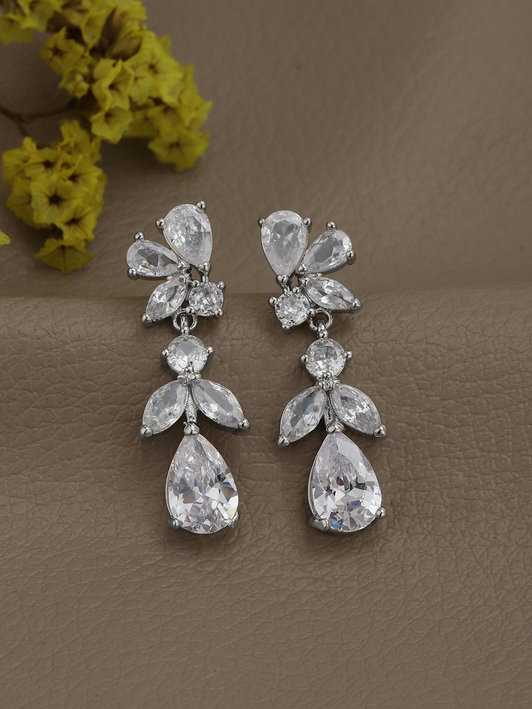 Carlton London Silver Plated CZ Leaf Drop Statement Earring