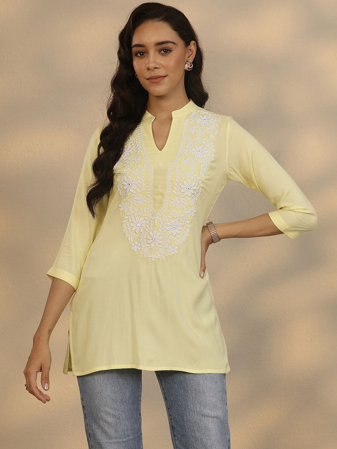 Gerua By Libas Women Floral Embroidered Mandarin Collar Thread Work Kurti