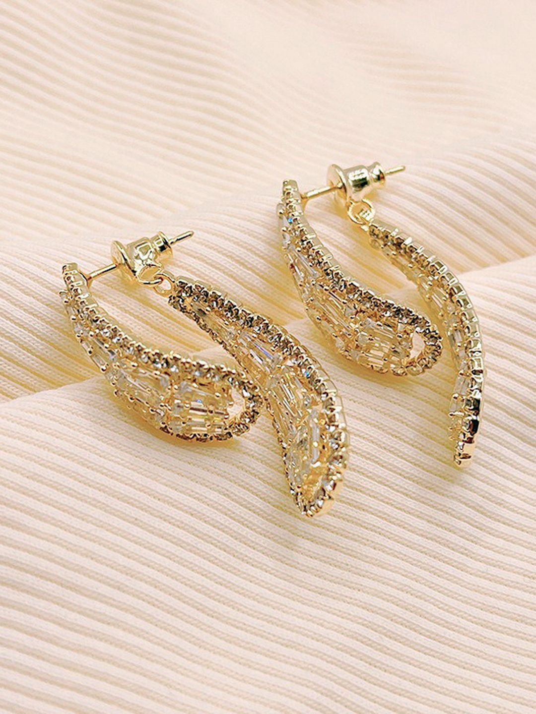FIMBUL Gold-Plated Baguette & Pave Crystals Teardrop Drop Earrings