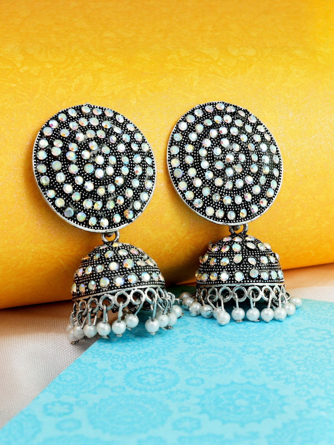 Floky Silver-Plated Dome Shaped Oxidised Jhumkas