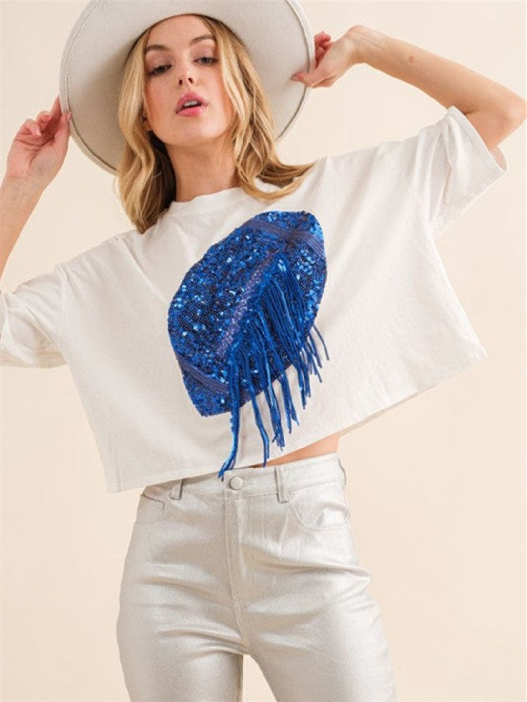 StyleCast White and Blue Embellished Crop Top