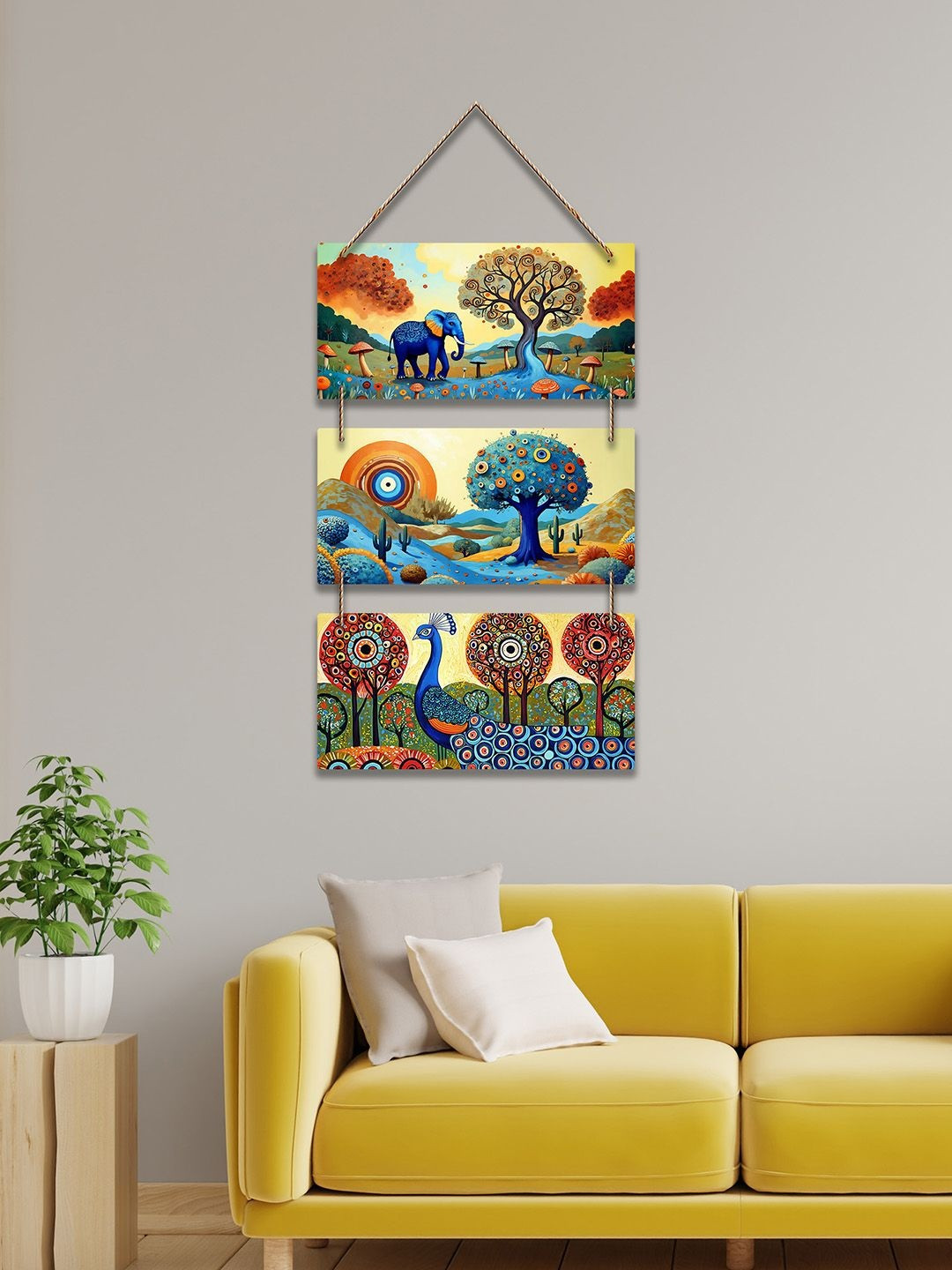 ArtVibes Blue & Green Colorful Elephant & Peacock Artistic Printed Wooden Wall Hanging