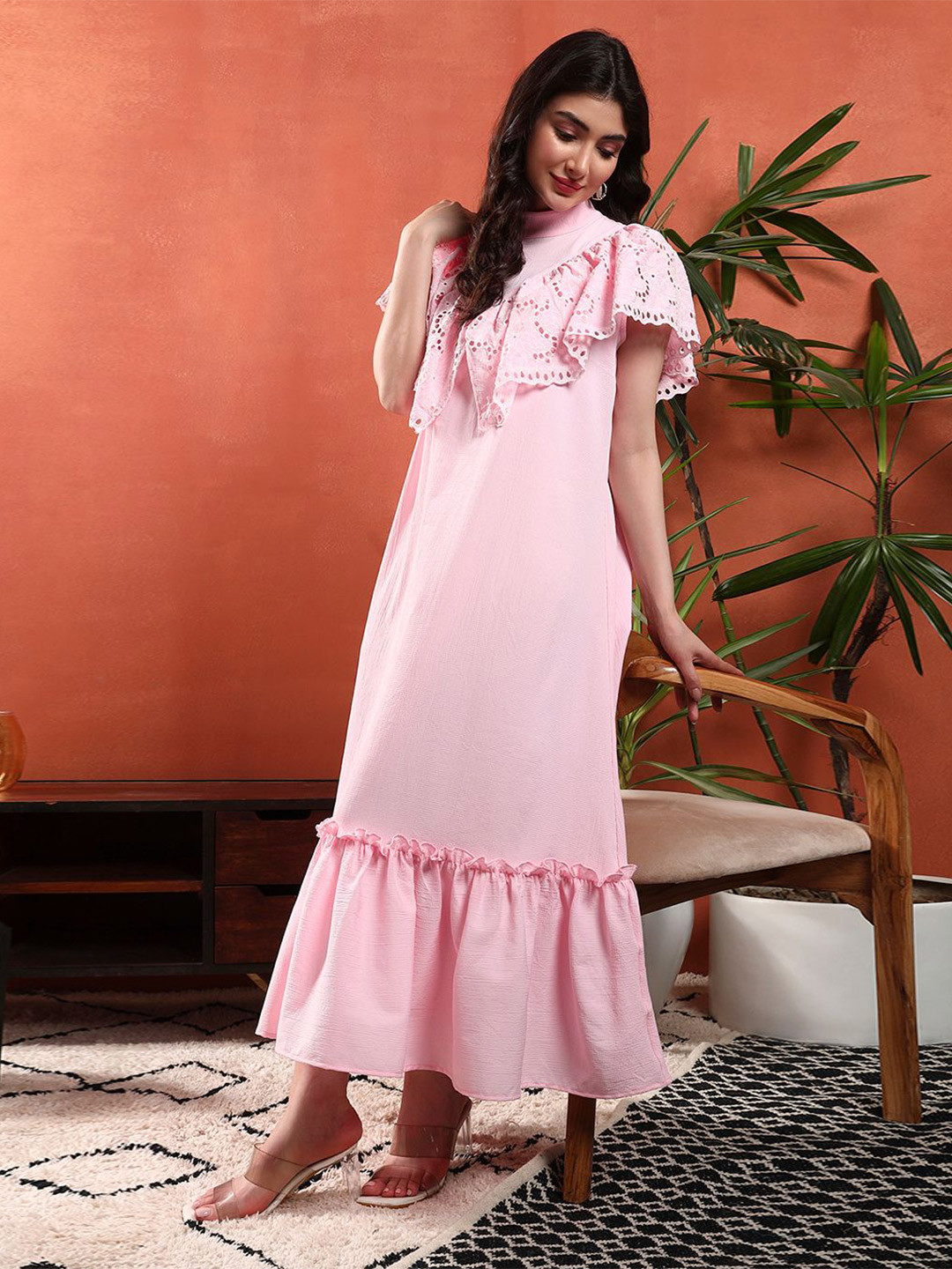 Prizm Aura Women Solid Ruffled Short Sleeves Mock Neck Shift Midi Dress