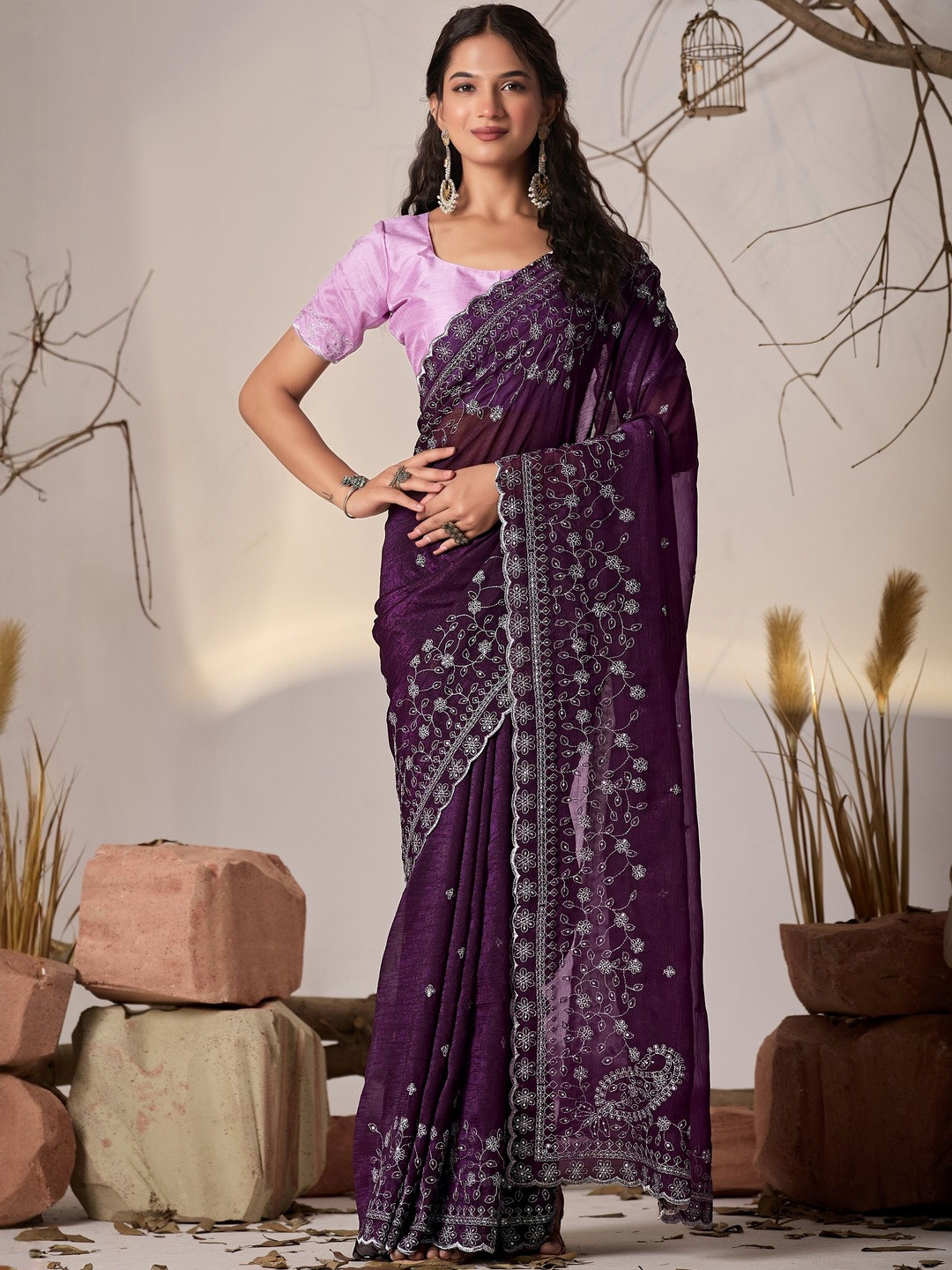 saretramall Ethnic Motif Embellished Embroidered Tissue Tussar Saree