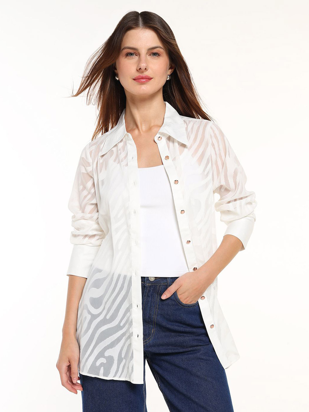 COVER STORY Women Oversized Fit Textured Spread Collar Casual Shirt