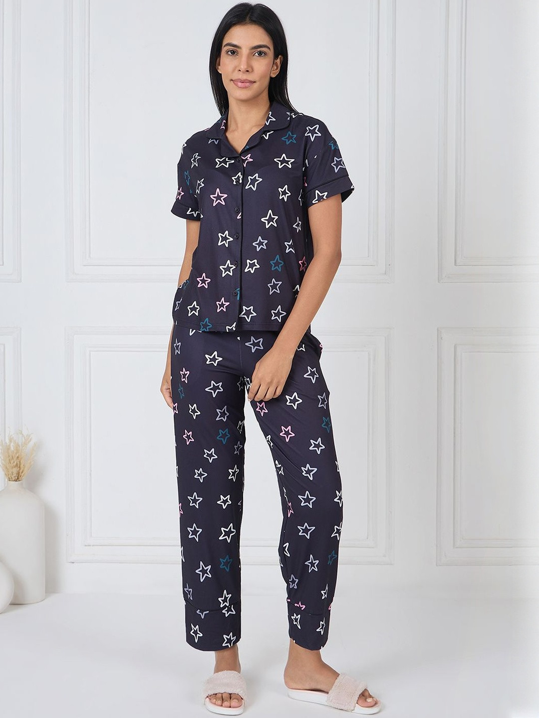 Sweet Dreams Women Star Printed Lapel collar Short Sleeve Night suit