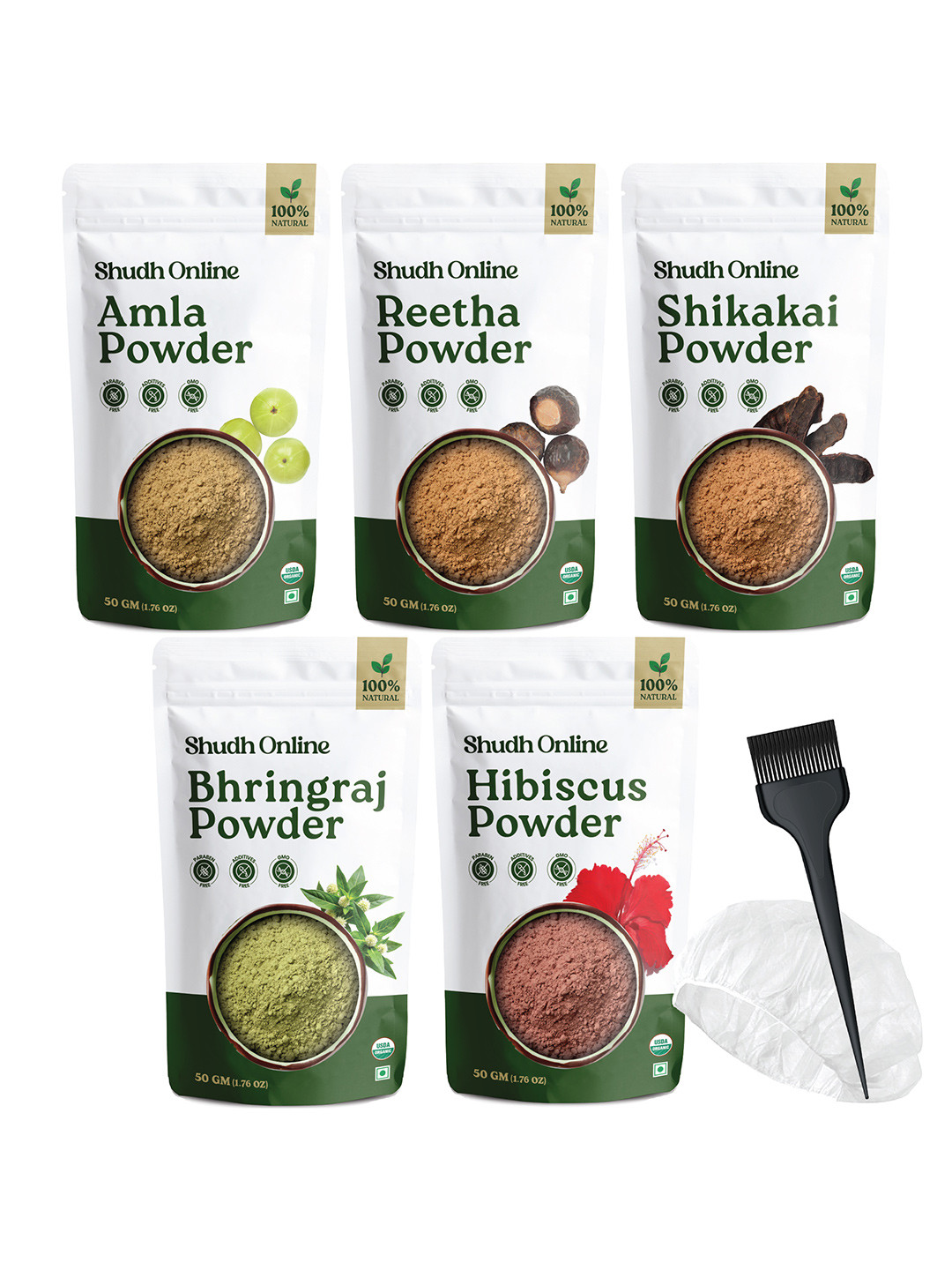Shudh Online Set Of 5 Amla, Reetha, Bhringraj, Shikakai & Hibiscus Powder - 50 g Each