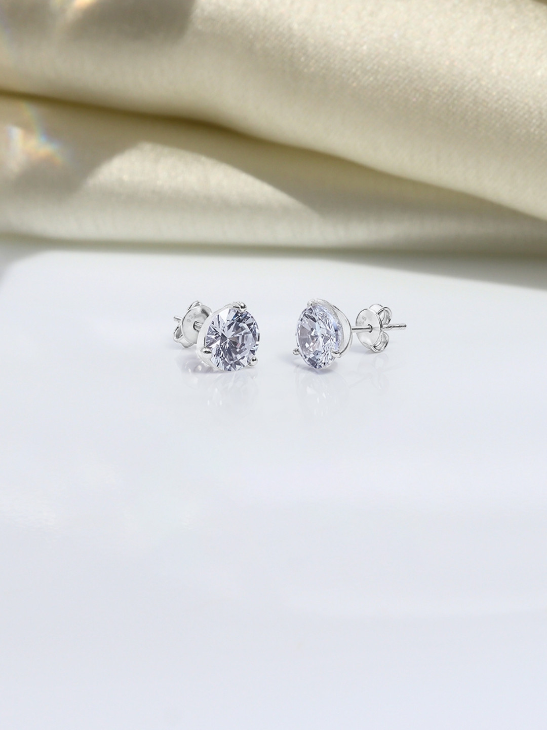 HighSpark 92.5 Silver Sparkling Martini Style 3 Prong Setting Studs Earrings - 8mm