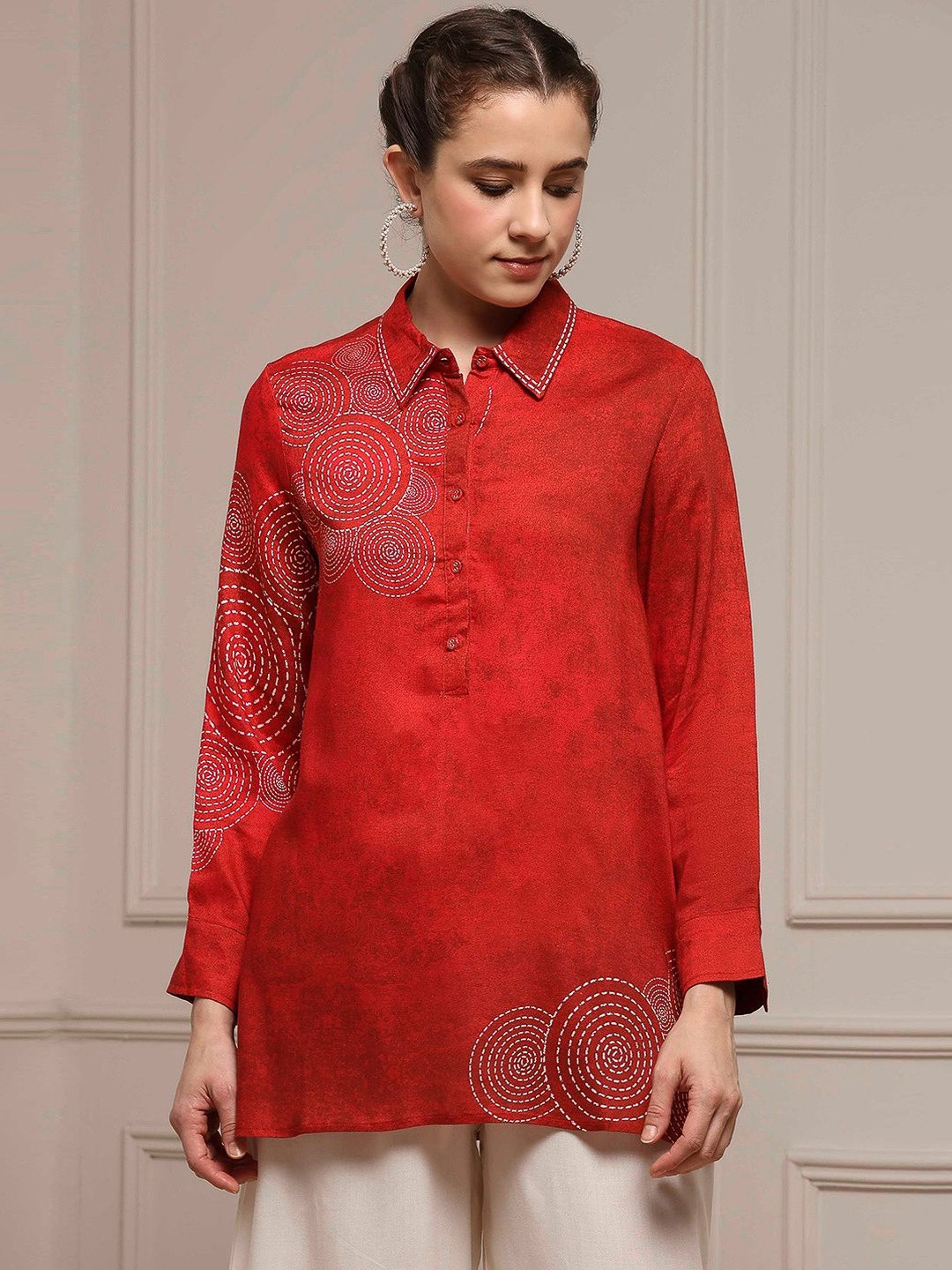 Biba Women Woven Design Shirt Collar Viscose Rayon A-Line Kurti