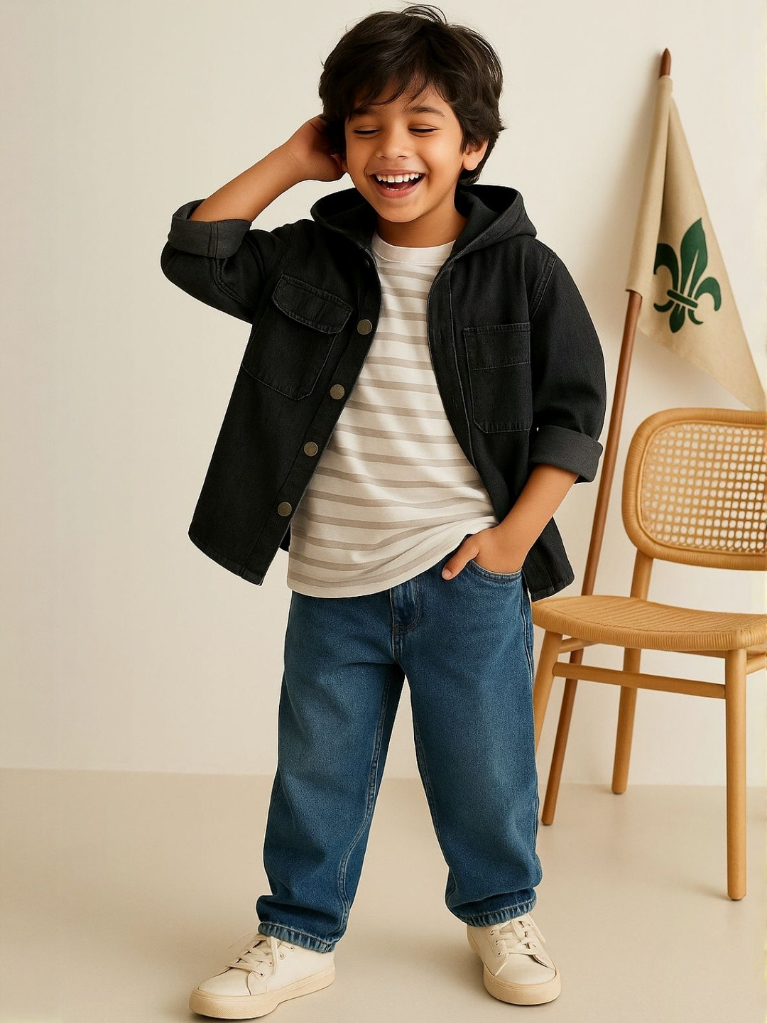 TALES & STORIES Boys  Black Cotton Poly Hooded Shacket