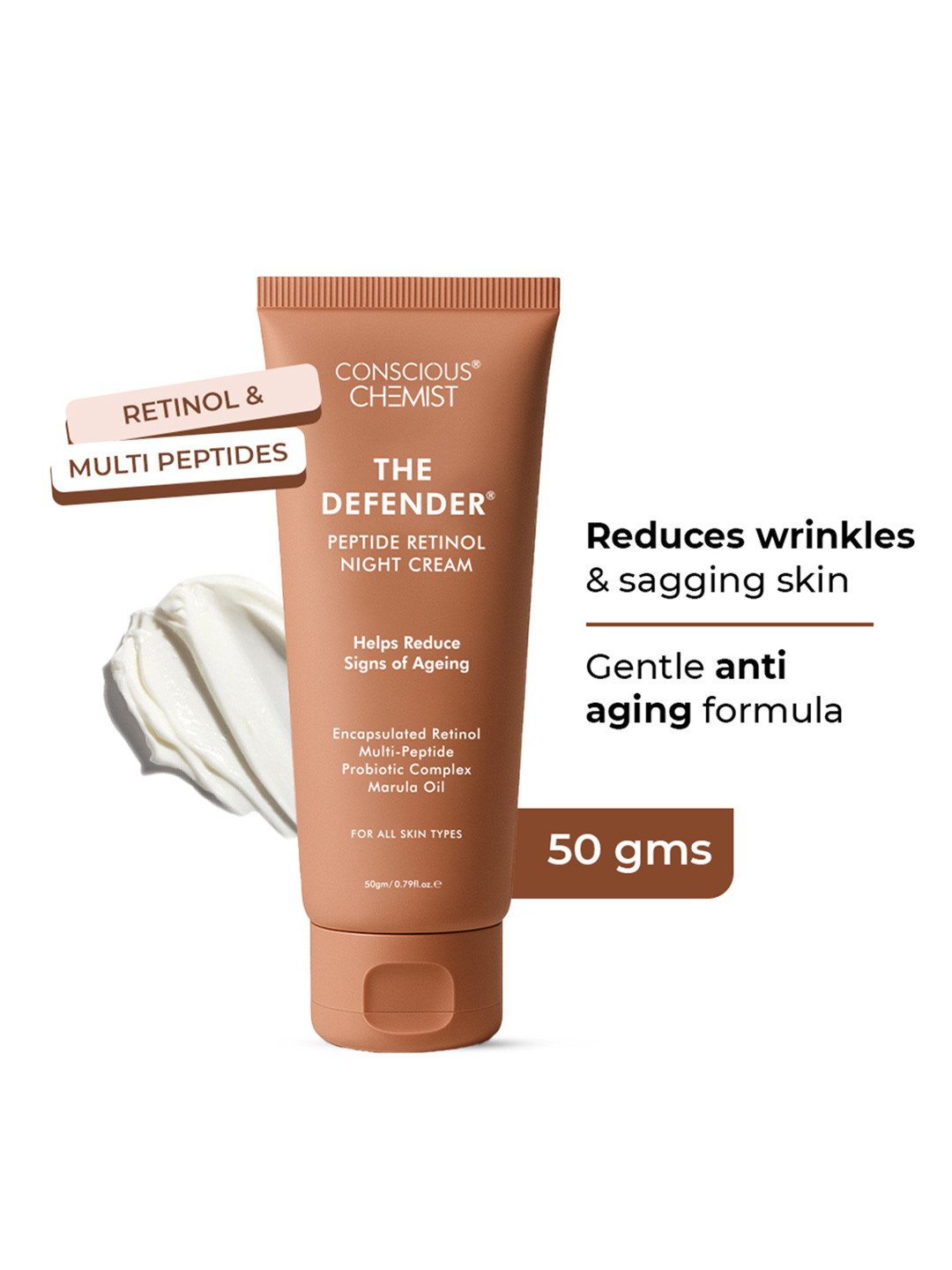 Conscious Chemist Multi Peptide Retinol Anti Aging Night Cream for Sagging Skin - 50g