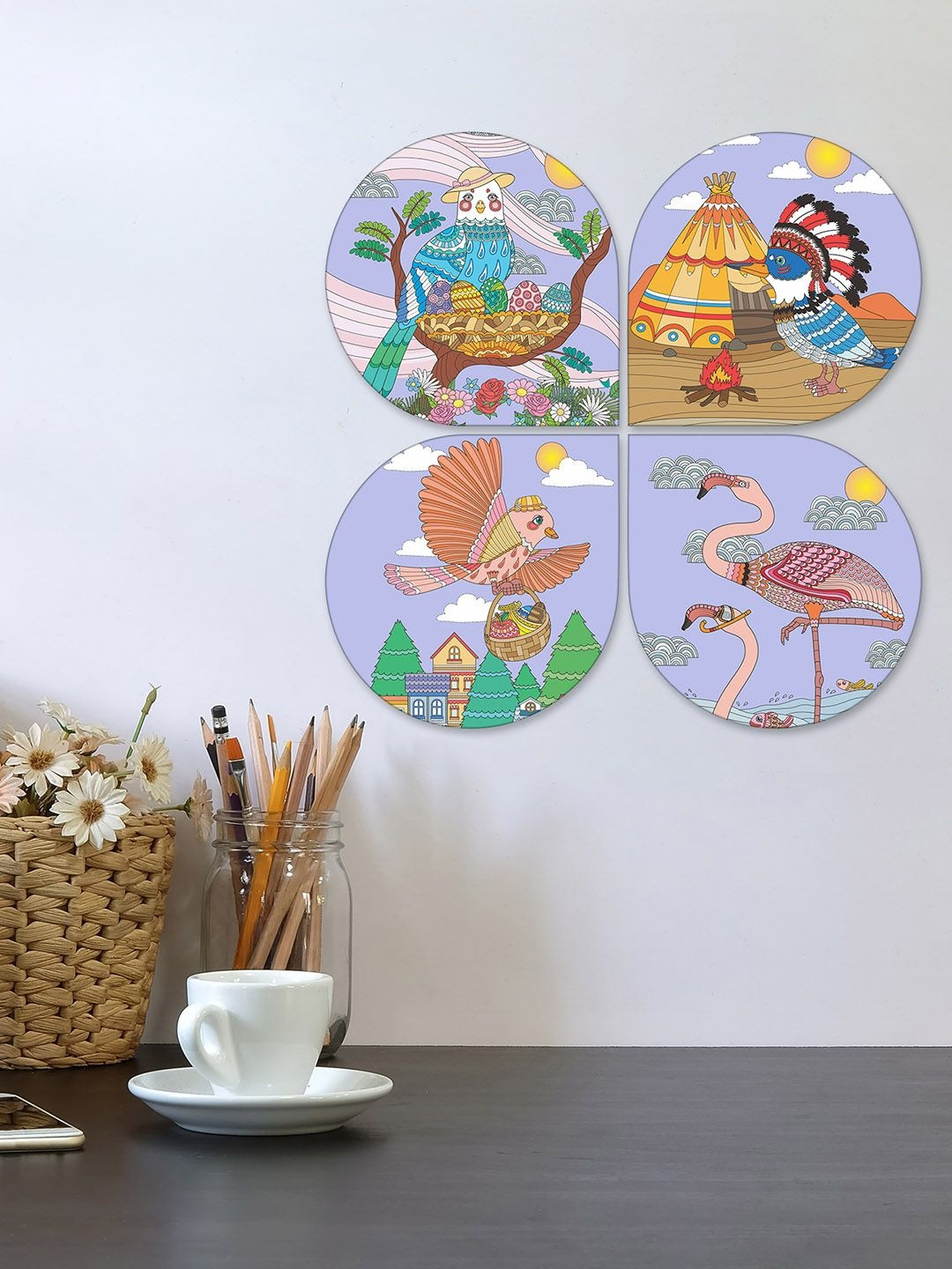 ArtVibes Purple & Green 4 Pieces Colorful Bird Wooden Decals and Stickers