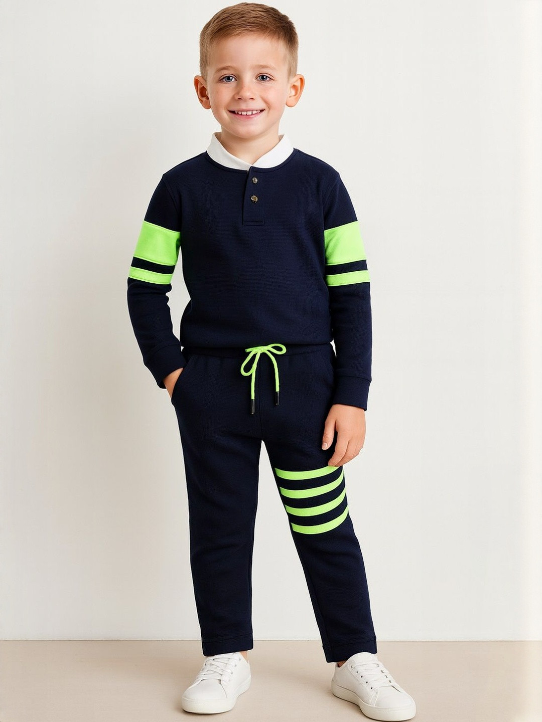 YK Boys Navy Blue Henley Neck T-Shirt With Neon Green Striped Jogger Pants Set