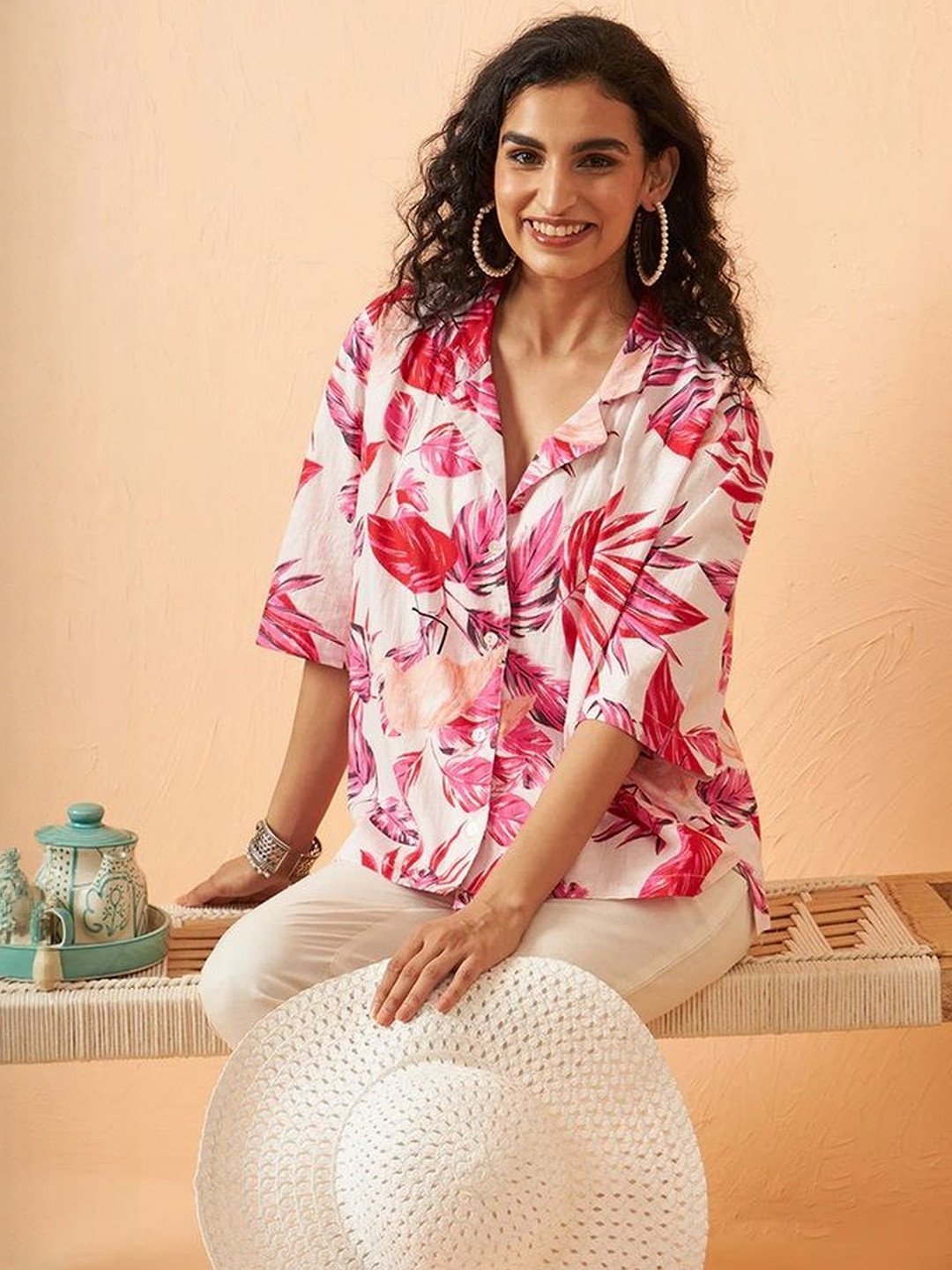 LA'CORE Woman Floral Print Tropical Cotton Top