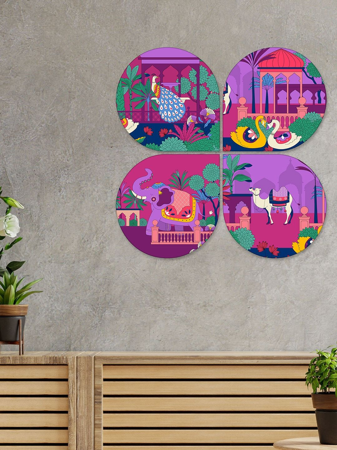 ArtVibes Purple & Pink 4 Pieces Printed Rajasthani Animal Decorative Wooden Wall Art