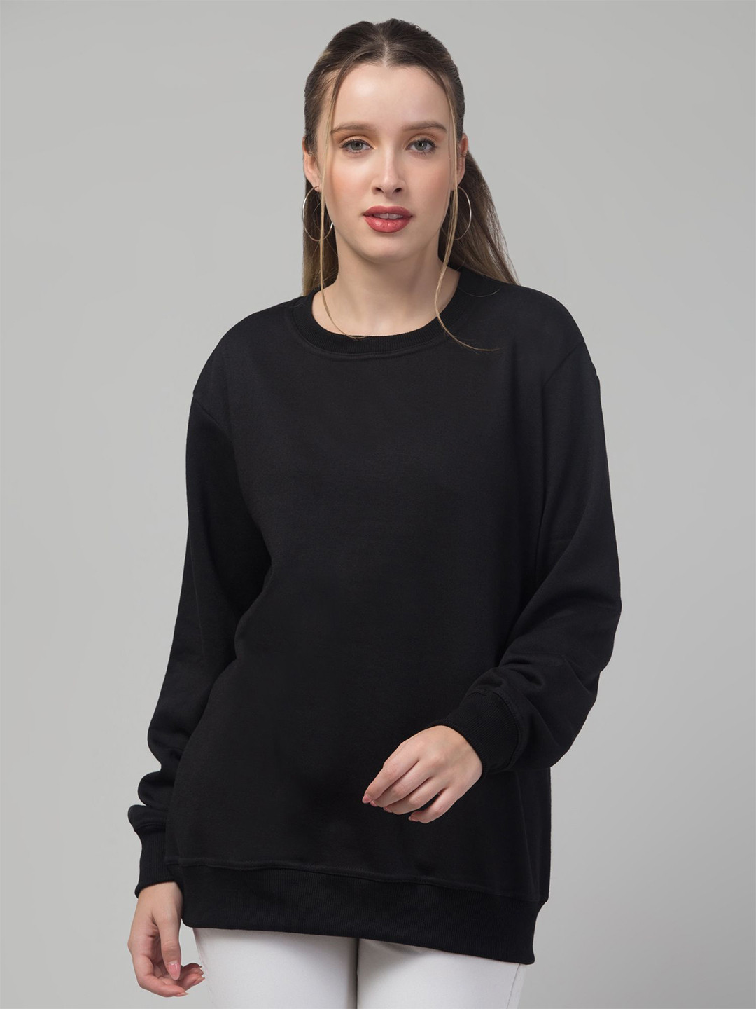 Adixus Women Solid Round Neck Long Sleeves Longline Oversized Sweatshirt