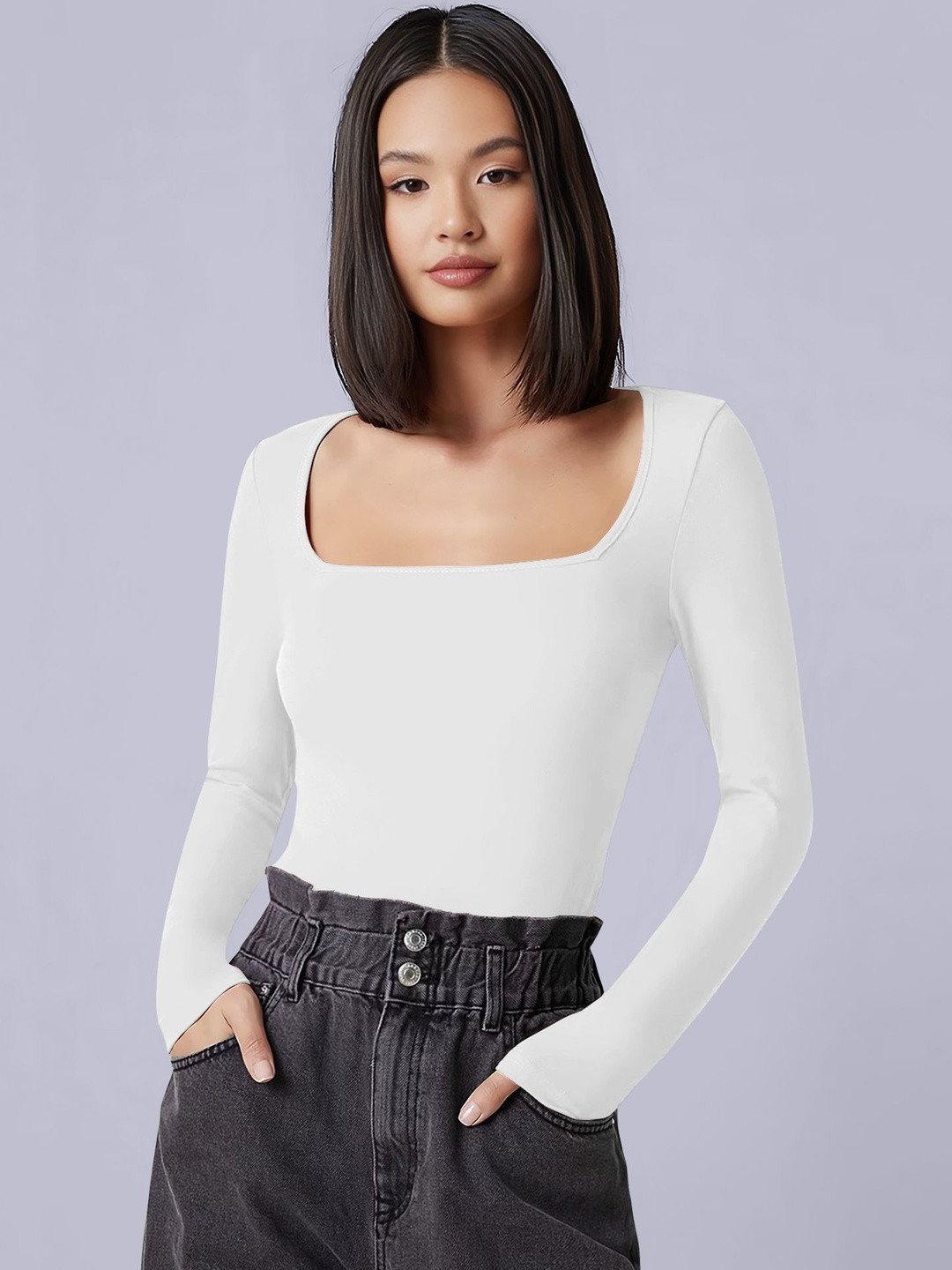 Maheshvi Sakira Women Ribbed Square Neck Long Sleeves Fitted Top