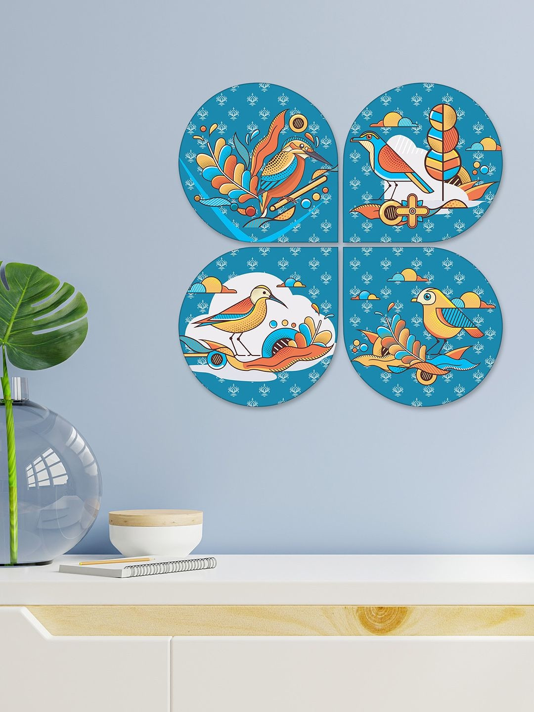 ArtVibes Blue & White 4 Pieces Birds Wooden Wall Arts