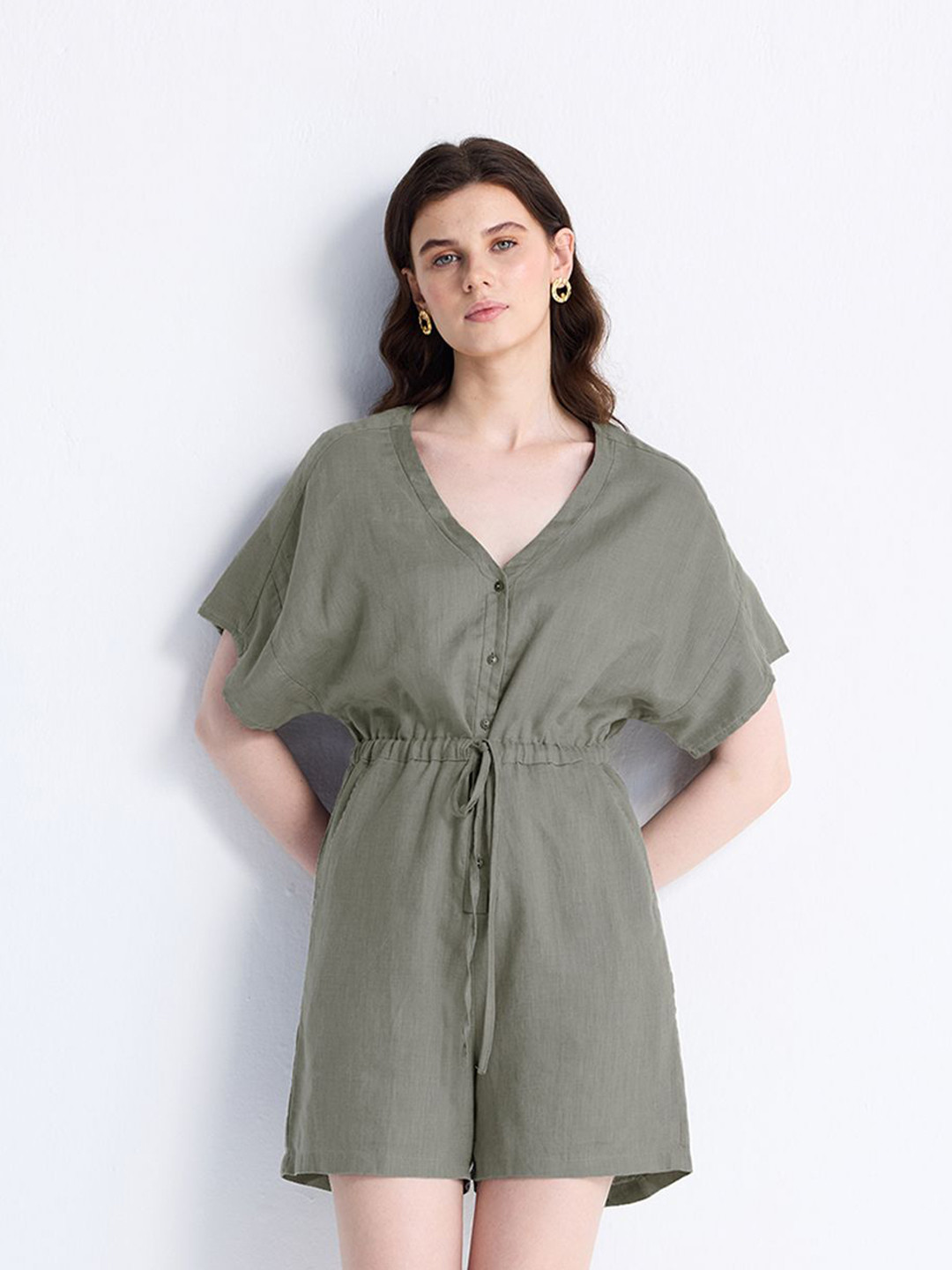 Reistor Women Solid V-Neck Drawstring Detail Playsuit