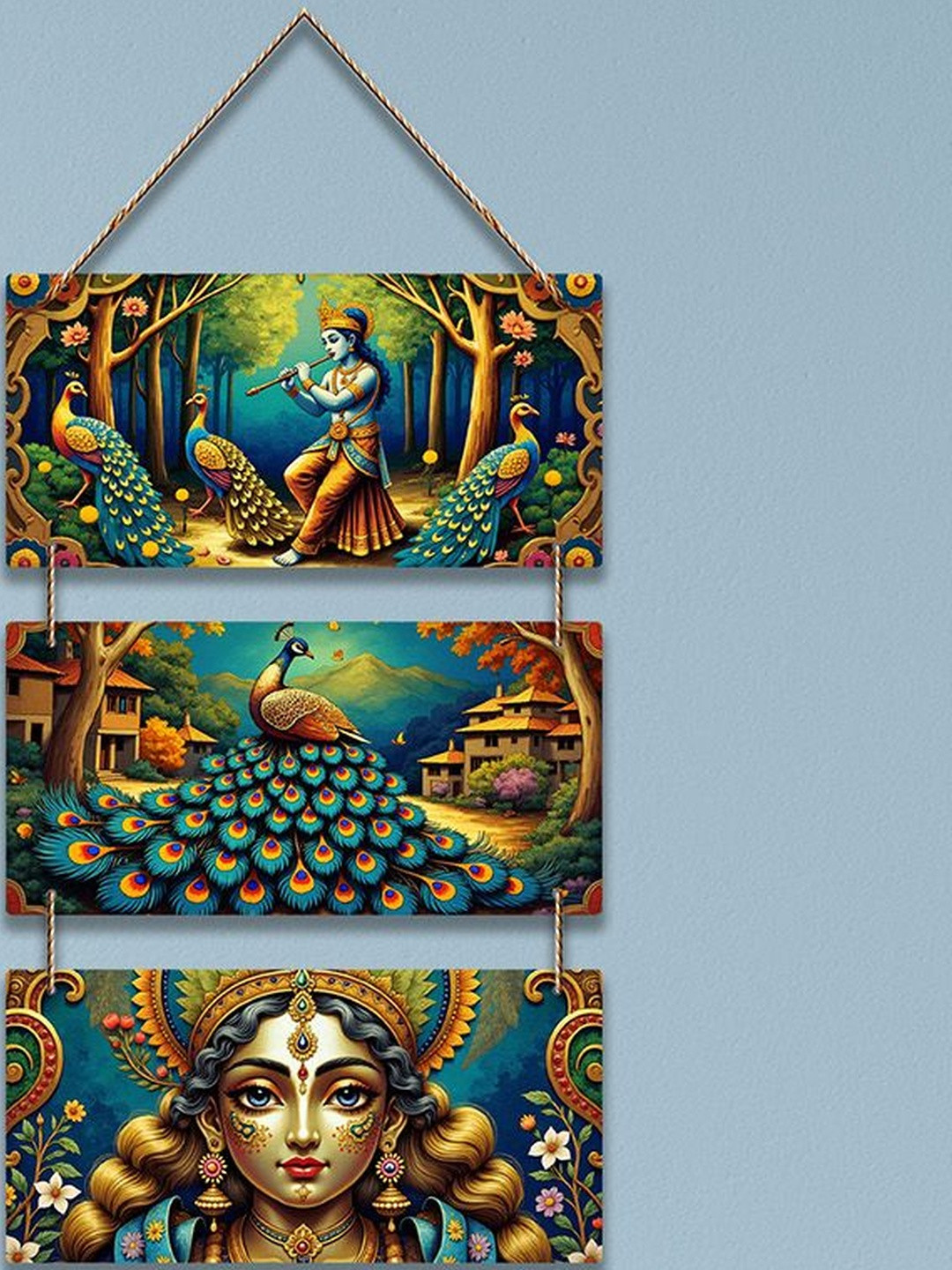 ArtVibes Green & Yellow Krishna With Flute Spiritual Wooden Wall Art