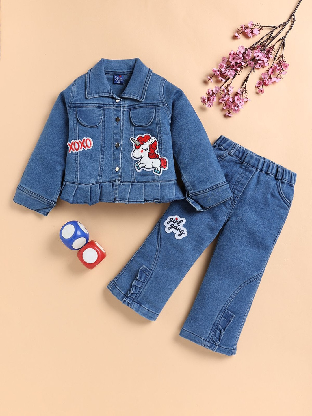 I LOVE MOM Girls Denim Shirt & Trouser Clothing Set