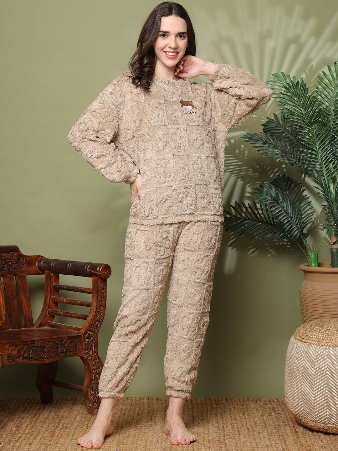 ETC Women Fuzzy Floral Self Design Pyajma Set