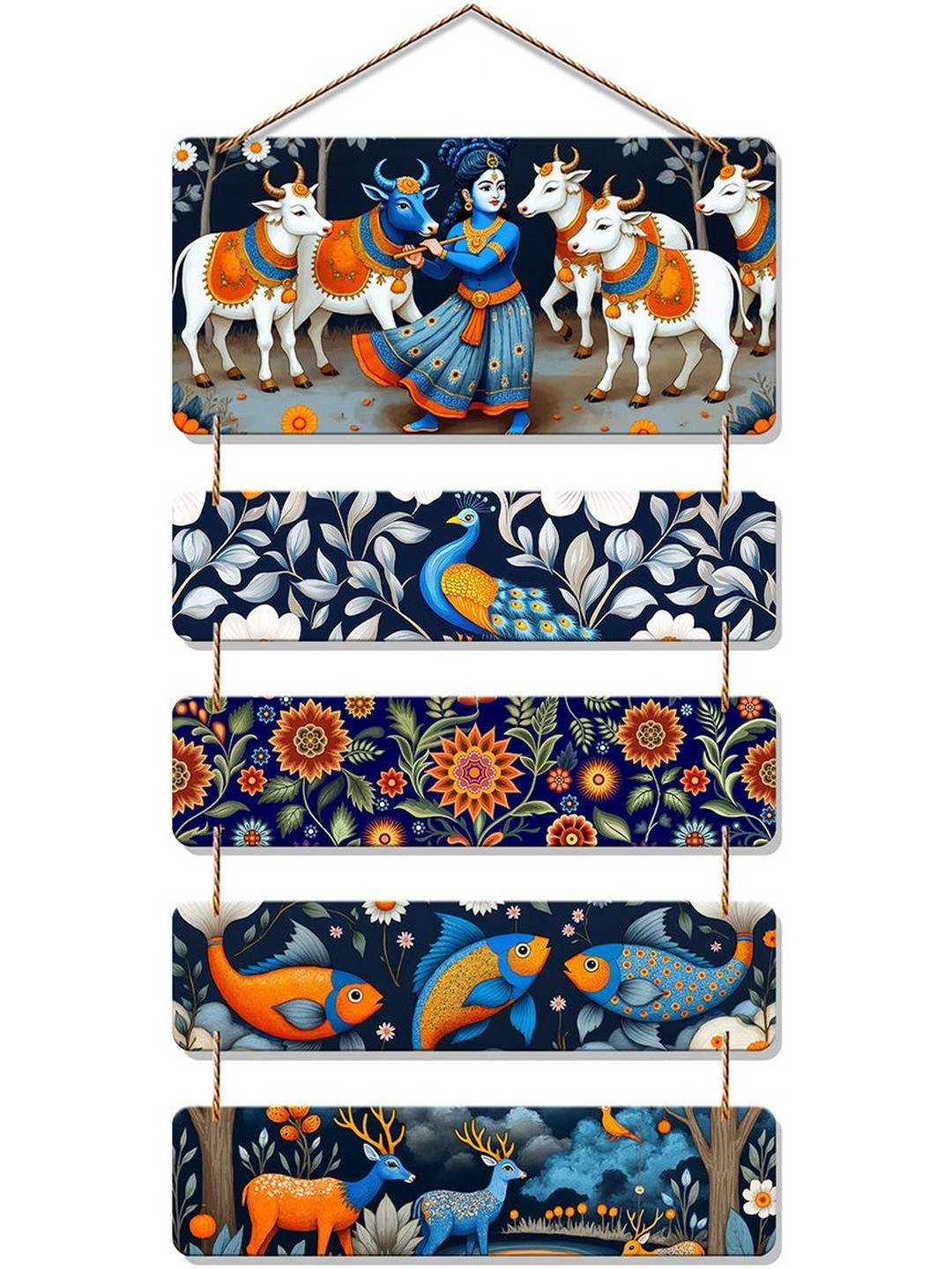 ArtVibes Blue & White Krishna Nature Design Wooden Wall Hangings