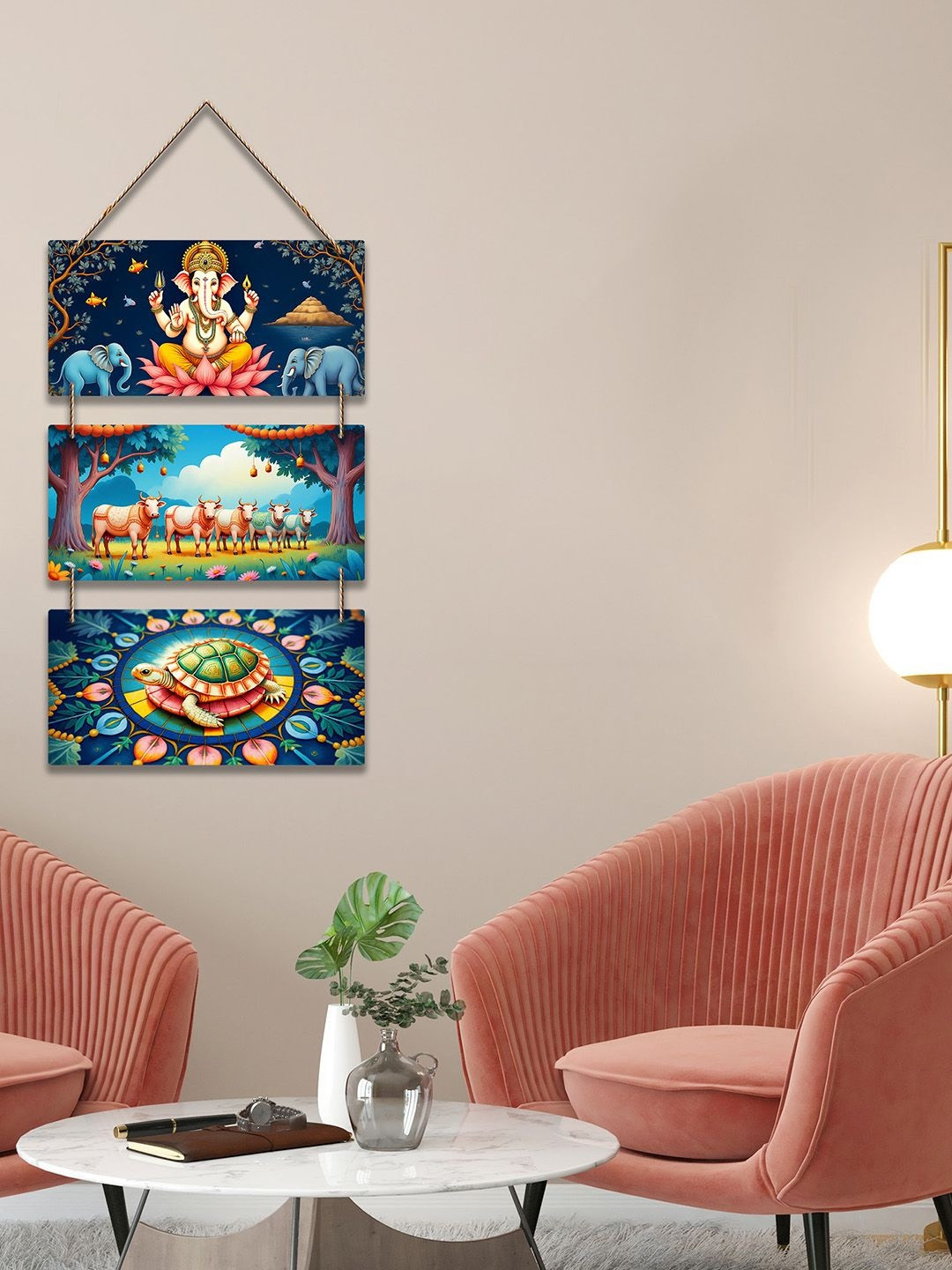 ArtVibes Blue & Pink Ganesha With Elephants & Turtle Mandala Art Wooden Wall Art
