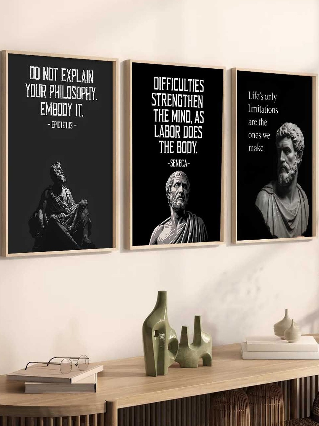 Kotart Black & White 3 Pieces Philosophy Framed Poster Wooden Wall Arts