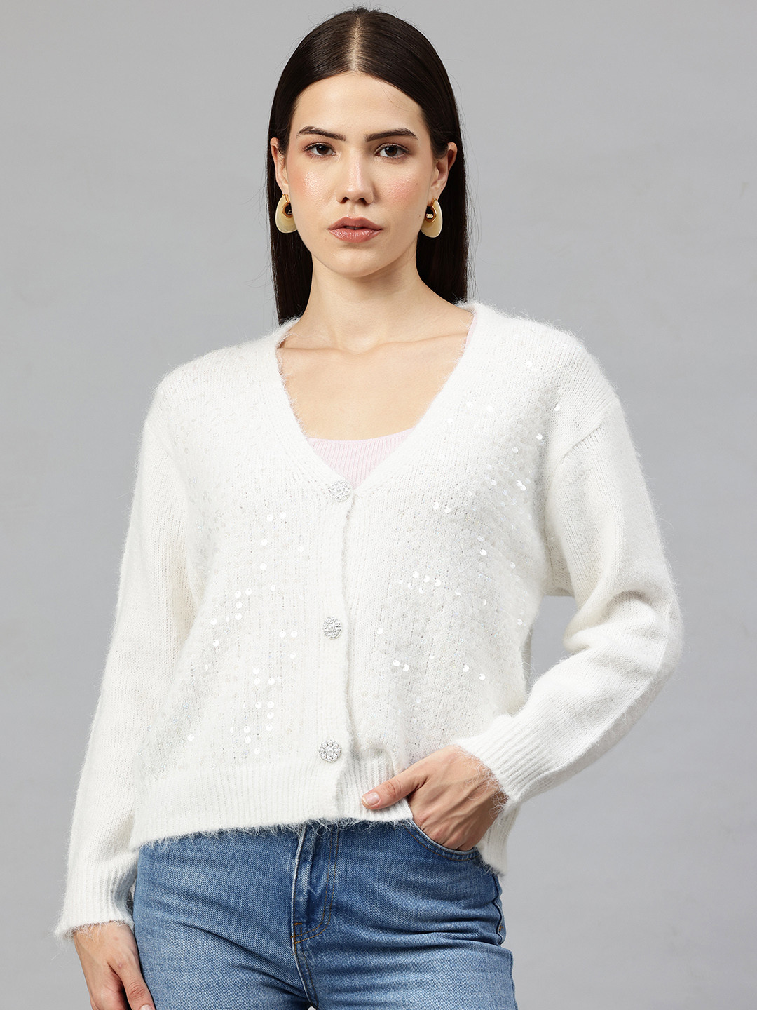 Pierre Carlo Sequinned Embellished V-Neck Button-Down Cardigan with Fuzzy Detail