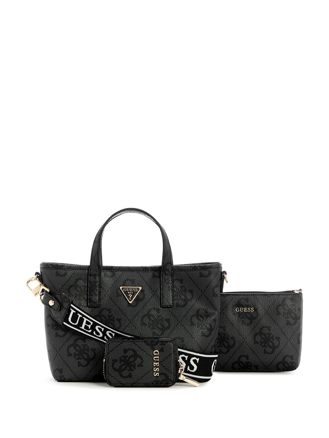 GUESS Women Latona Brand Logo Printed Structured Cut Work Handheld Bag with Pouch