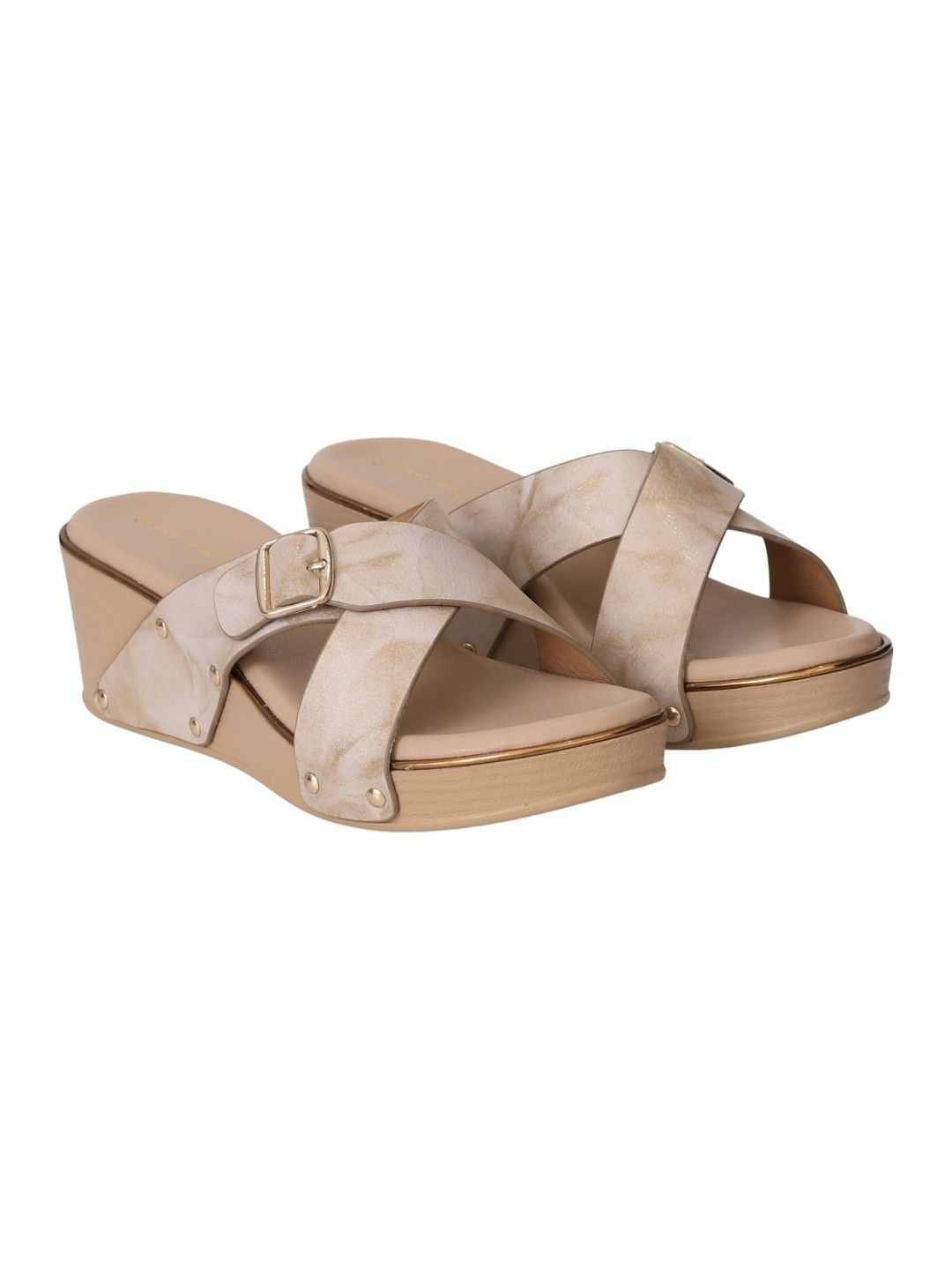 PINK LEAF Printed  Wedge Sandals with Buckles