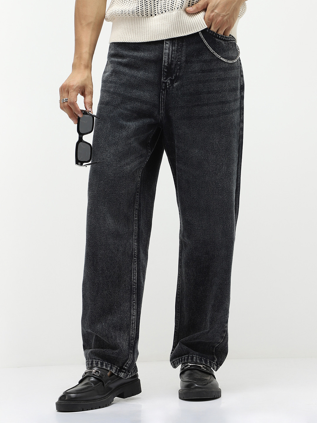 Urbano Fashion Men's Black Loose Baggy Fit Non-Stretchable Heavy Washed Jeans