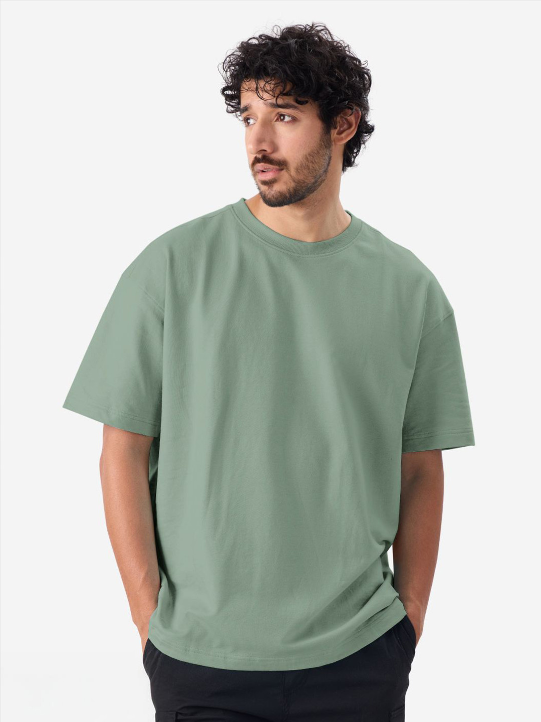 The Souled Store Men Oversized Fit Solid Green T-Shirts