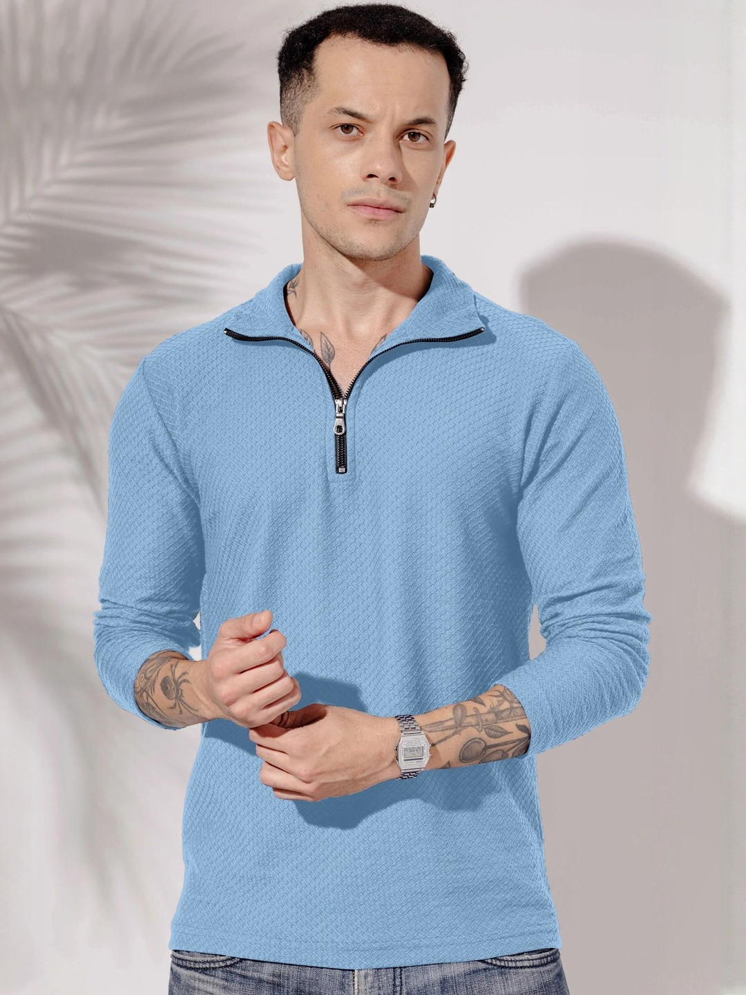 HAPPY KHAJANA Men Self Design Regular Fit Polo Full Zipper Chain Tshirt