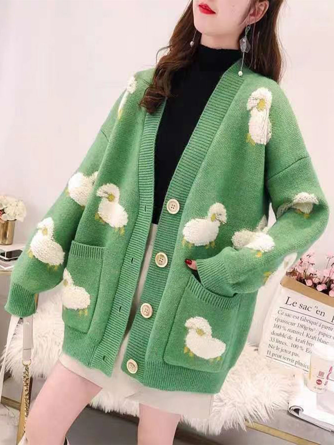 StyleCast x Revolte Women V-Neck Front-Open Long Sleeves Animal Printed Sweaters