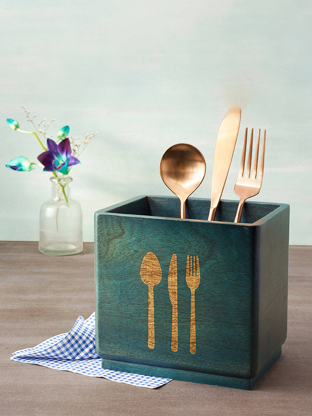 ellementry Teal Blue & Yellow Printed Wooden Utensil Holder