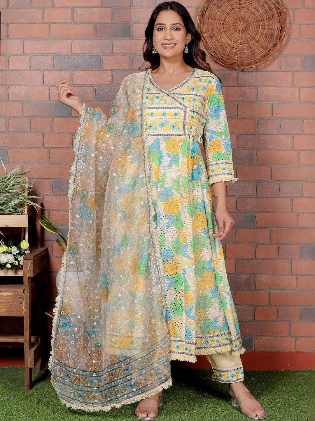 Parth Creations Women Floral Embroidered Angrakha Mirror Work Pure Cotton Kurta with Trousers & With Dupatta