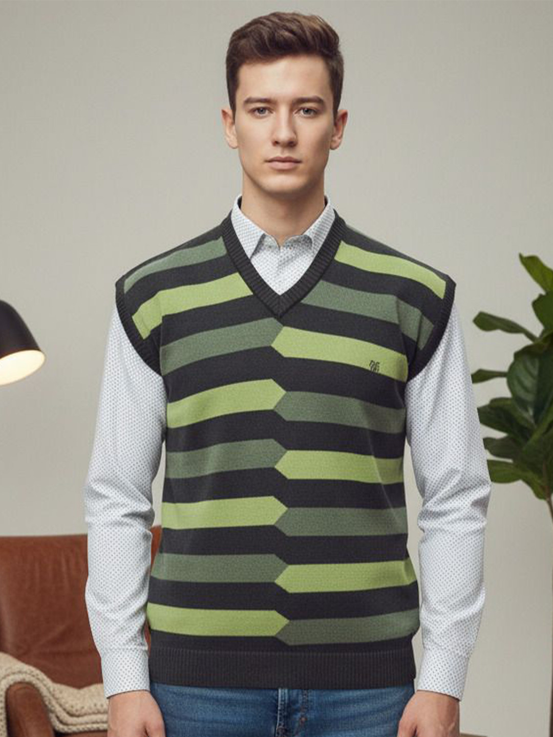 LEE BONEE Men Green Striped Woollen Pullover Sweaters
