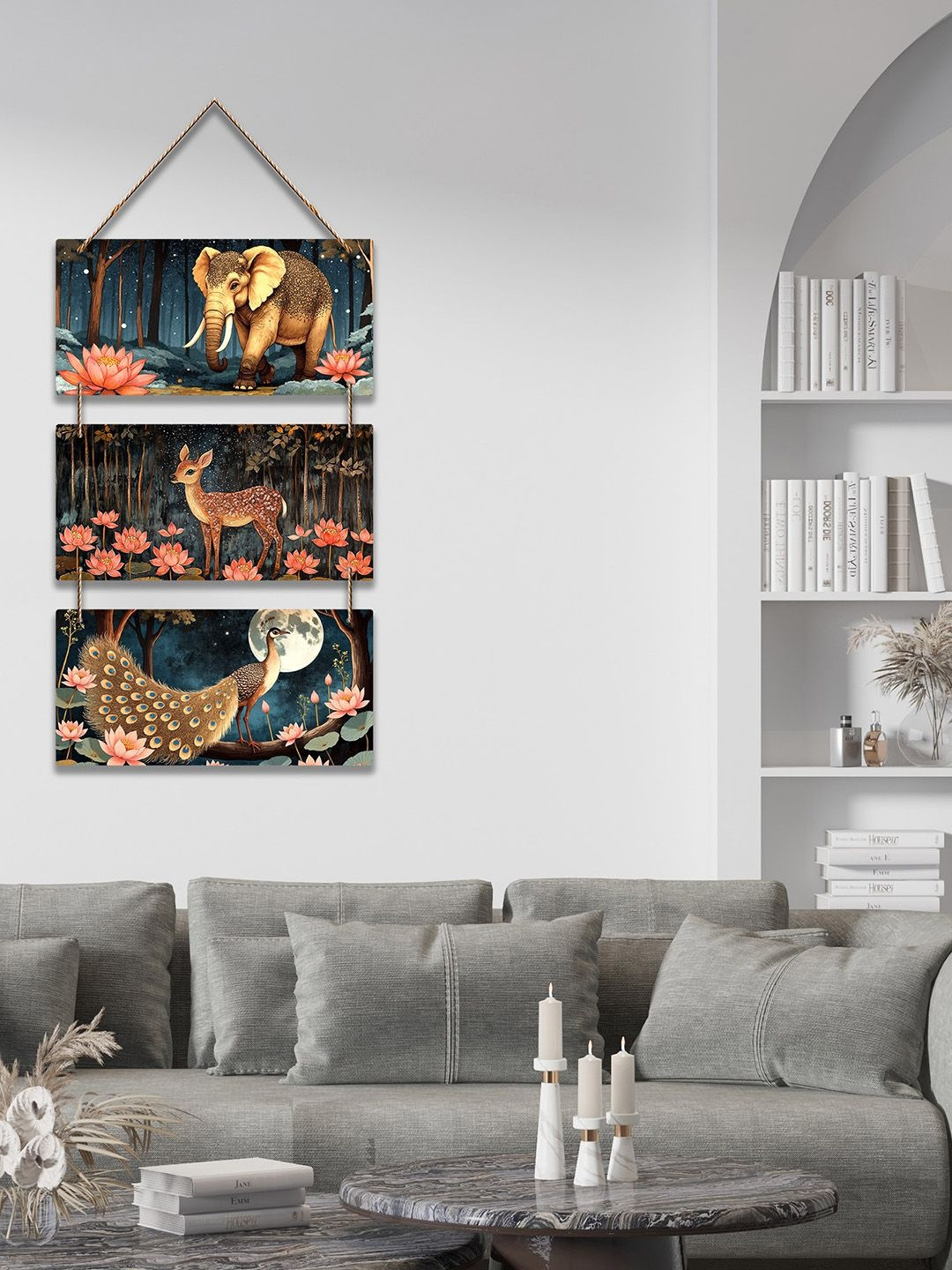ArtVibes Elephant Deer & Peacock Modern Art Decorative Wooden Wall Hanging For Home