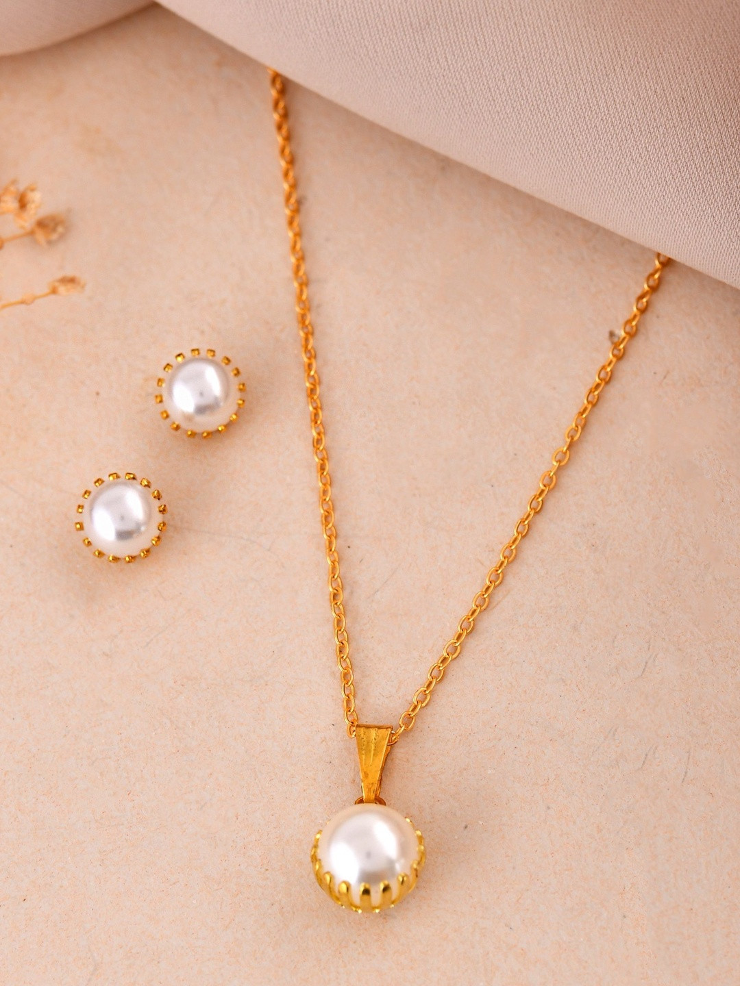 Anouk White Gold Plated Stainless Steel Pearl Studded Chain Set