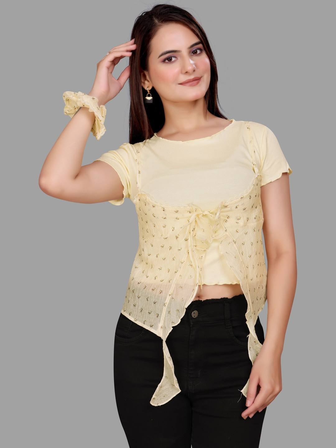 Madborn Creation Floral Print Tie-Front Cotton Crop Top