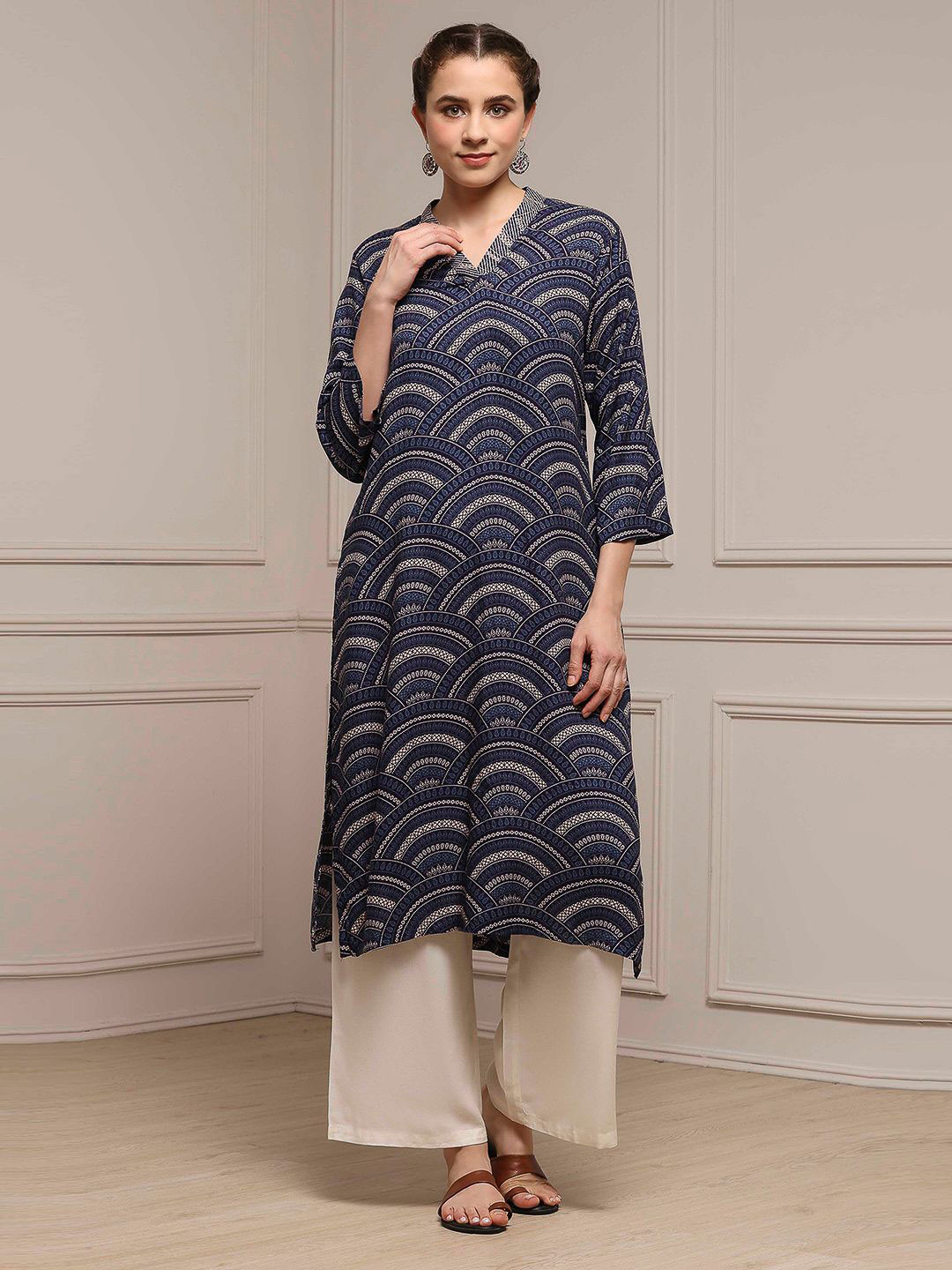Biba Chevron Embroidered V-Neck Roll-Up Sleeves A-Line Kurta