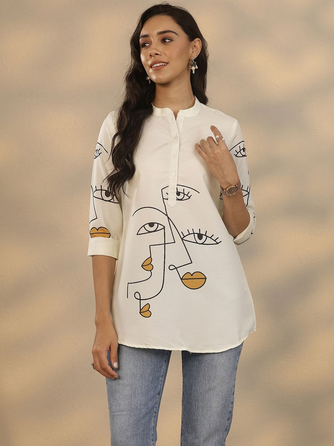 Libas Women Humanoid Printed Mandarin Collar Button Straight Tunic