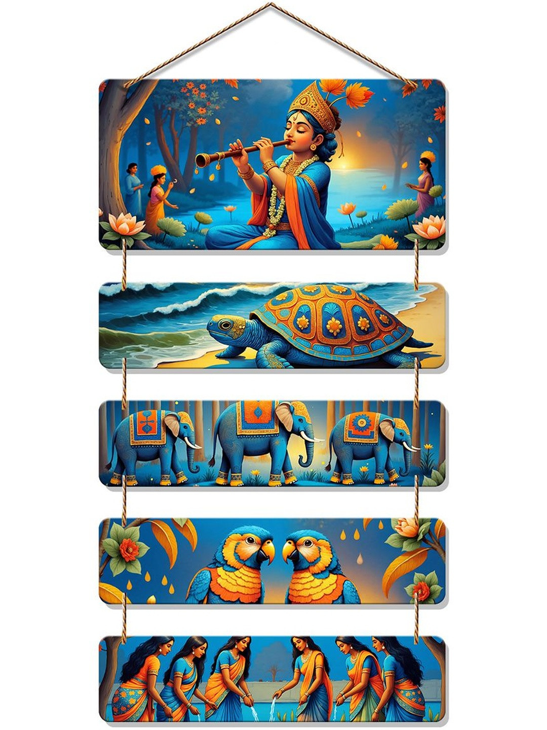 ArtVibes Blue & Orange Krishna And Indian Folk Wooden Wall Art
