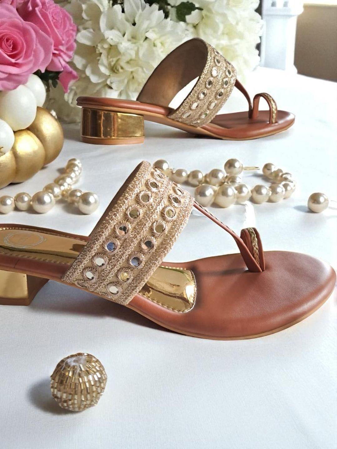 Dhaga Women Embellished Mirror Block Heel Kolhapuri Sandals with Ethnic - Embellished