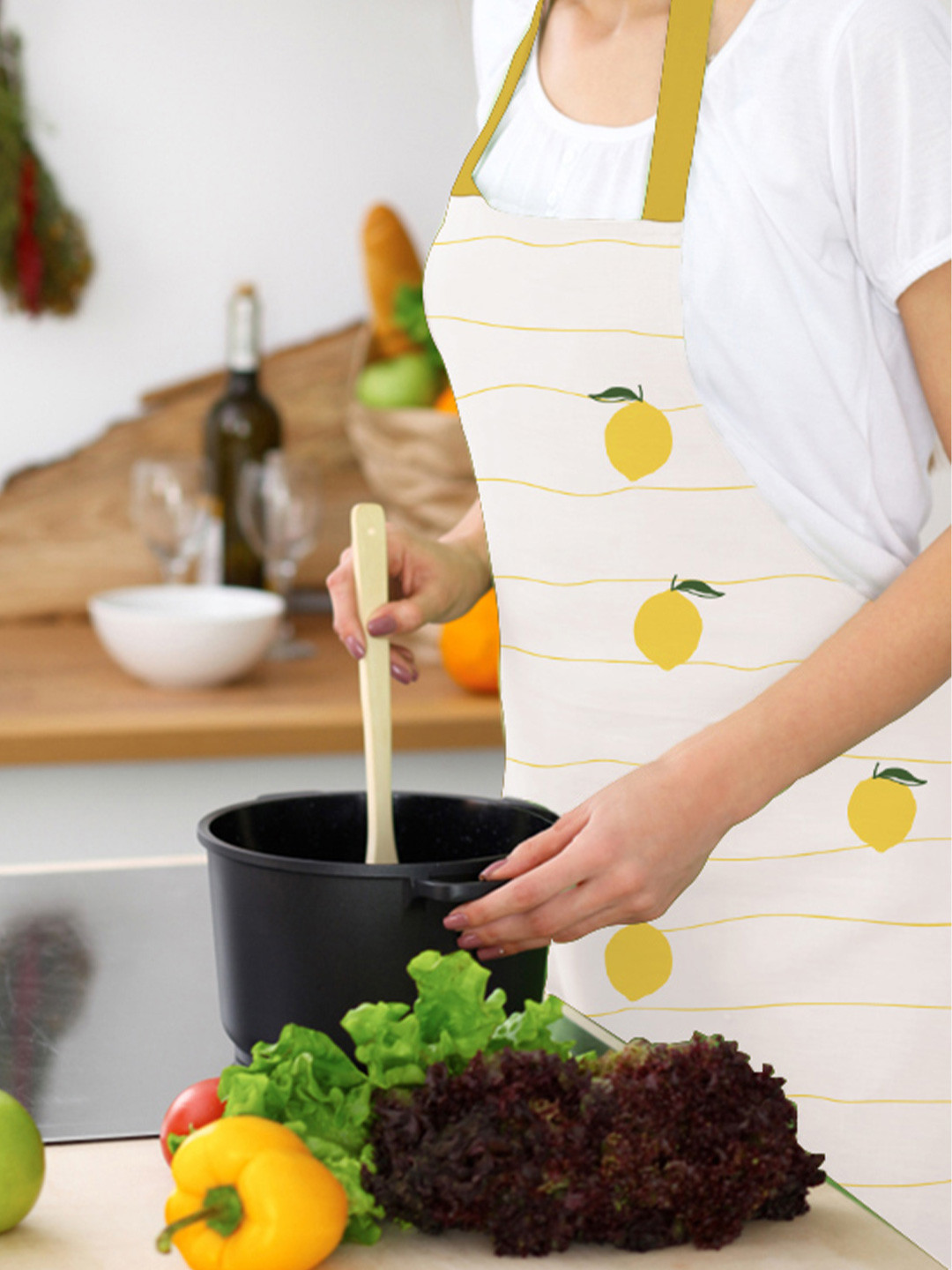 Attica Tracery Yellow & White Pure Cotton Printed Apron With Pocket