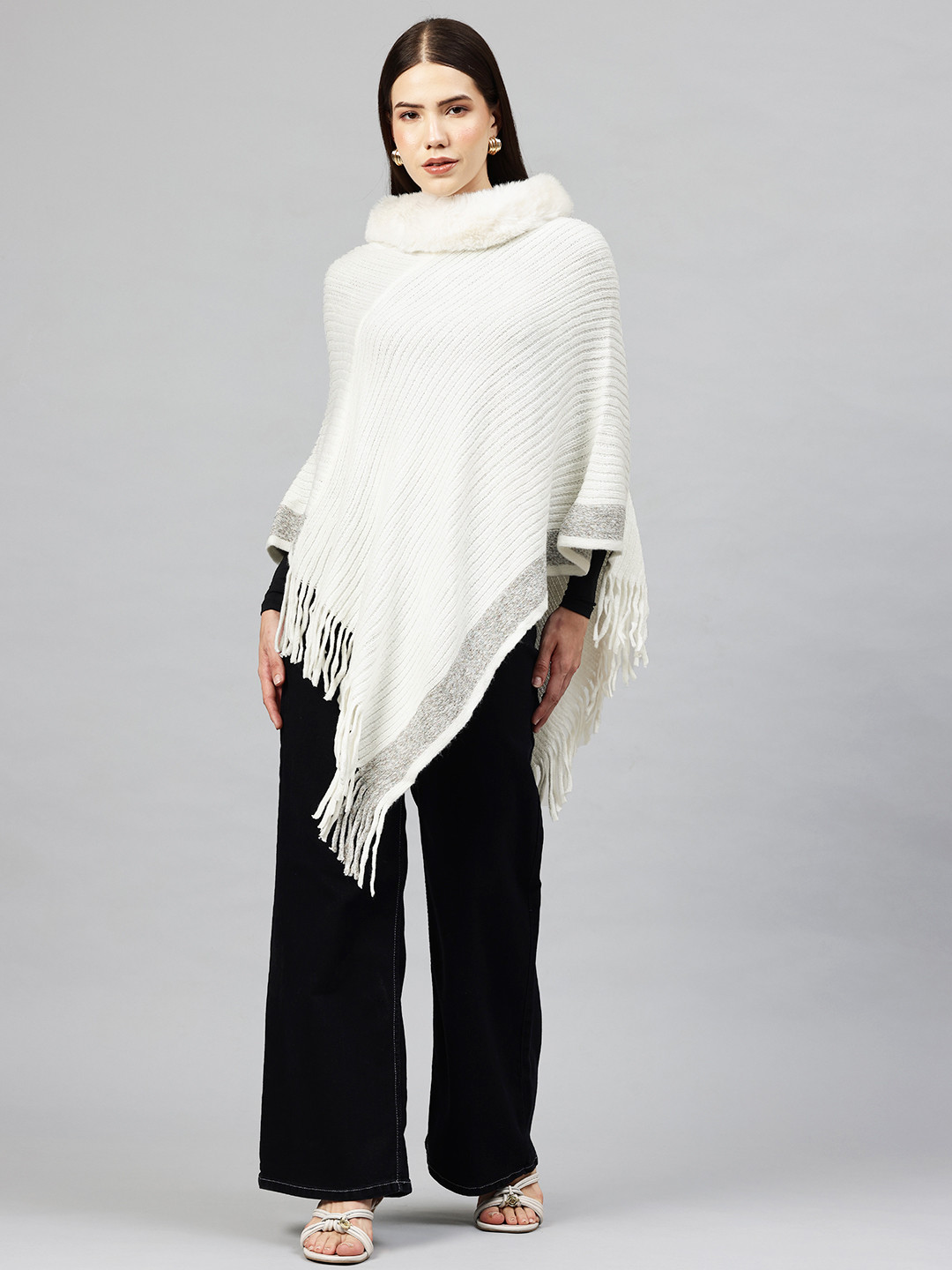Pierre Carlo Ribbed Faux Fur Detail Longline Asymmetric Poncho