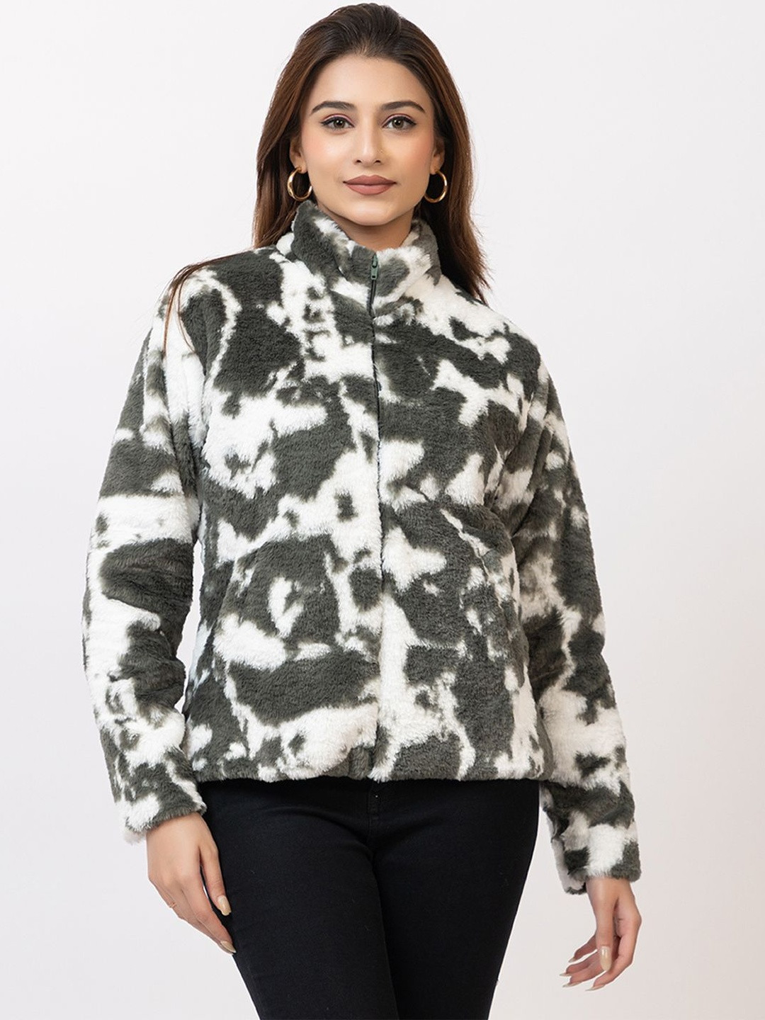 Amoldo Women Mock Collar Abstract Printed Lightweight Sherpa Jacket
